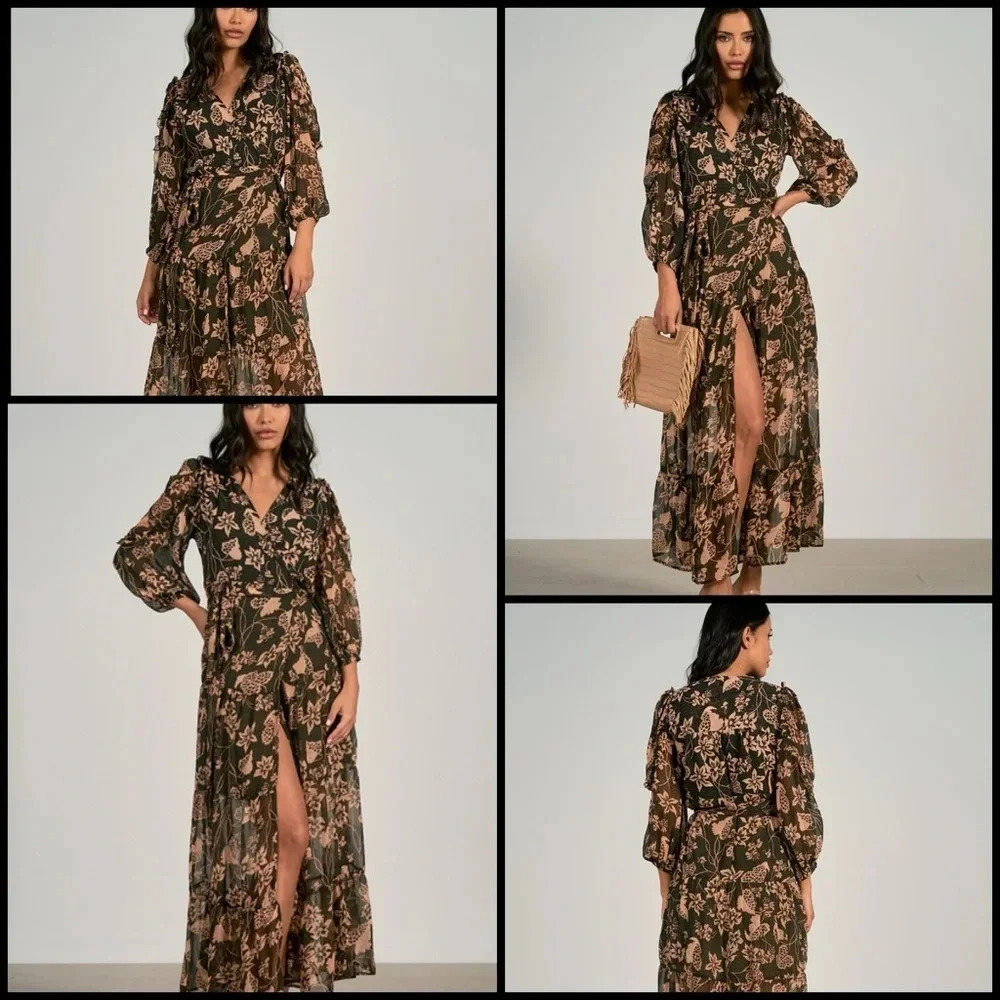 Elan Cosmo Floral Napa Print Ruffle Tiered   Wrap Sweeping Maxi Coquette Dress S